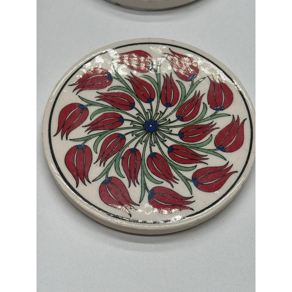 Set of 2 Ceramic‎ Coasters Turkish Tulip Floral Blue White Round Decorative